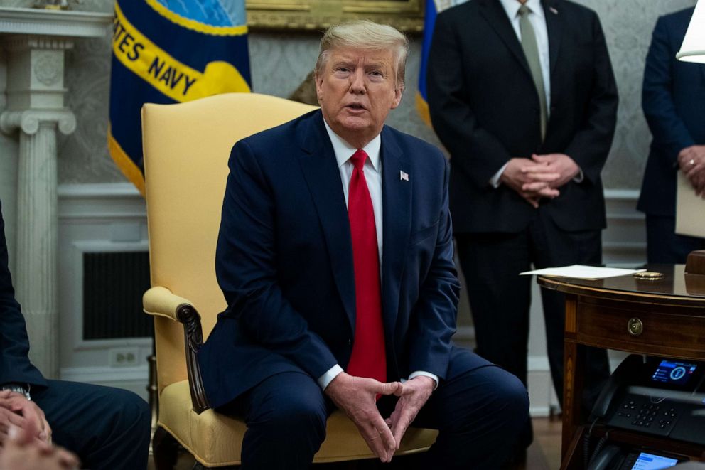 PHOTO: President Donald Trump speaks during a meeting with Guatemalan President Jimmy Morales in the Oval Office of the White House, Dec. 17, 2019, in Washington.