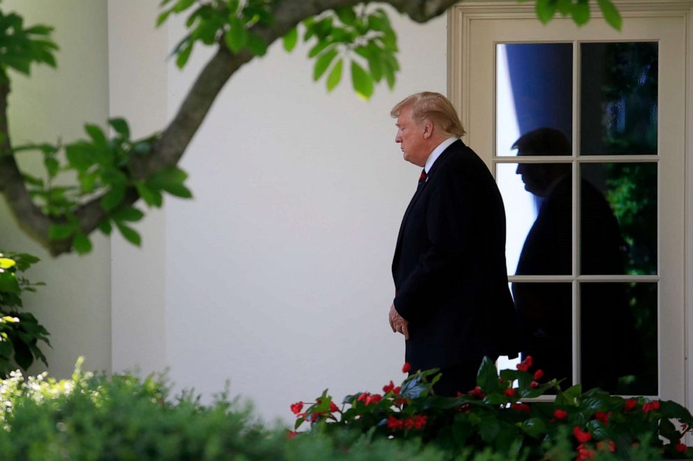 PHOTO: President Donald Trump walks from the Oval Office as he leaves White House, Thursday, May 16, 2019.