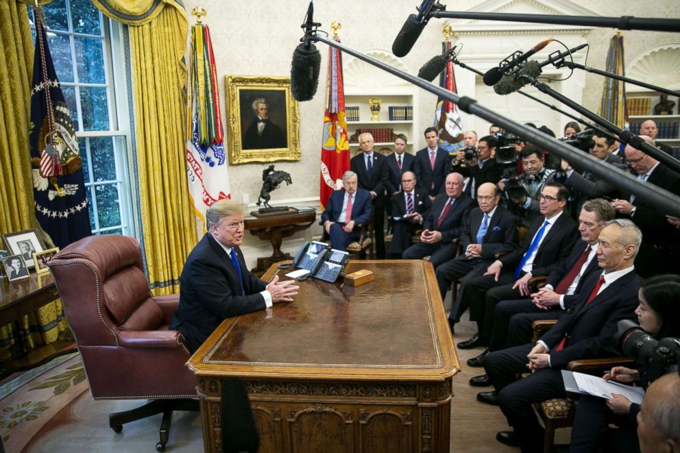 PHOTO: President Donald Trump, left, speaks during a trade meeting with Liu He, China's vice premier and director of the central leading group of the Chinese Communist Party, right, in the Oval Office of the White House, Feb. 22, 2019.
