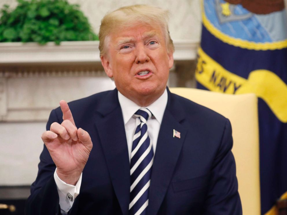 PHOTO: President Donald Trump speaks during his Oval Office meeting at the White House in Washington, April 24, 2018.