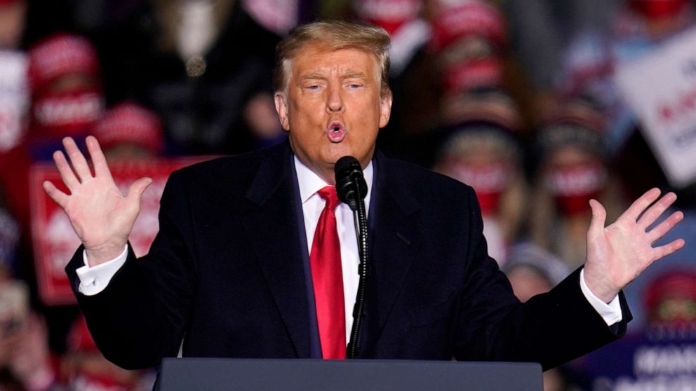 PHOTO: President Donald Trump speaks during a campaign rally at Erie International Airport, Tom Ridge Field in Erie, Pa., Tuesday, Oct. 20, 2020.