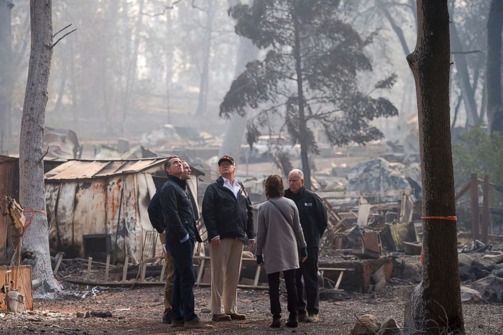 PHOTO: Gov.-elect Gavin Newsom, FEMA Director Brock Long, President Donald Trump, Paradise mayor Jody Jones and Gov. Jerry Brown tour the Camp Fire in Paradise, Calif., Nov. 17, 2018, in Chico, Calif.