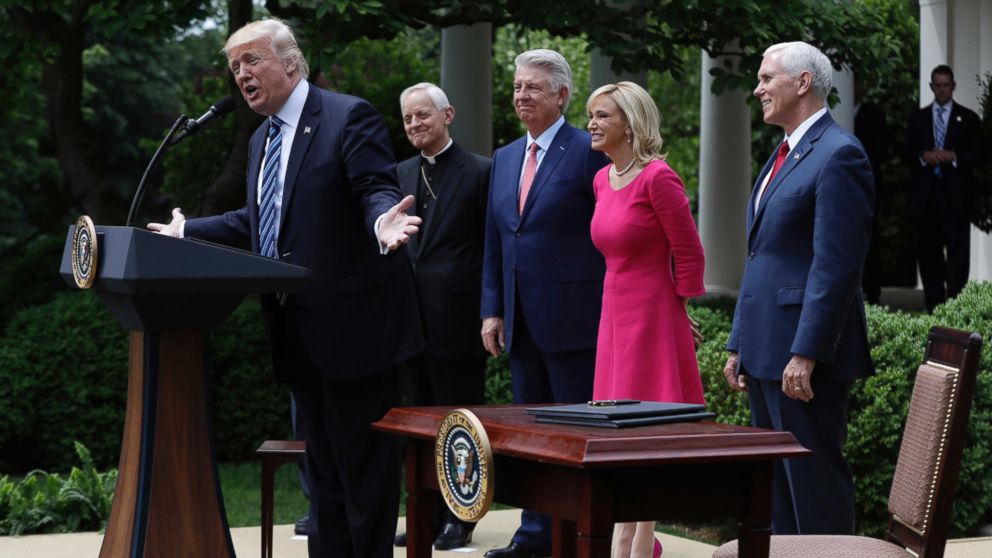 PHOTO: In this Thursday, May 4, 2017 file photo, President Donald Trump speaks in the Rose Garden of the White House in Washington, before signing an executive order aimed at easing an IRS rule limiting political activity for churches.