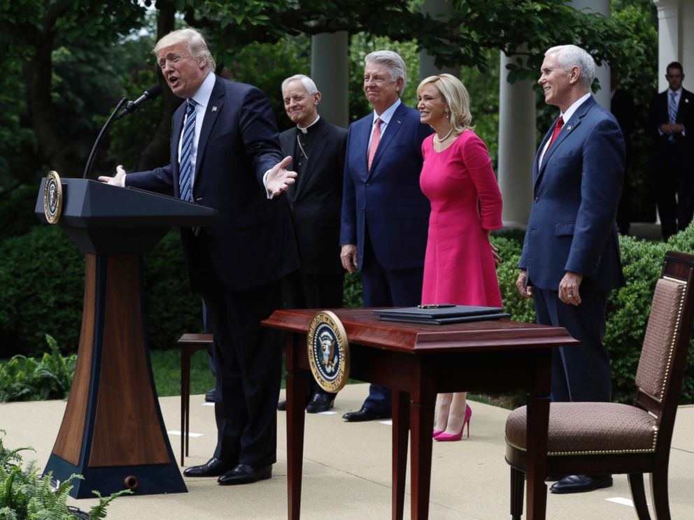 PHOTO: In this Thursday, May 4, 2017 file photo, President Donald Trump speaks in the Rose Garden of the White House in Washington, before signing an executive order aimed at easing an IRS rule limiting political activity for churches. 