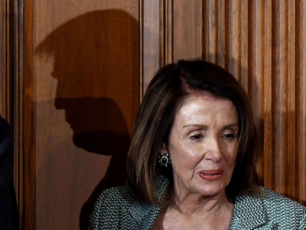 PHOTO: President Donald Trumps sees a shadow behind House Speaker Nancy Pelosi at the Friends of Ireland Luncheon at the US Capitol on March 14, 2019 in Washington.