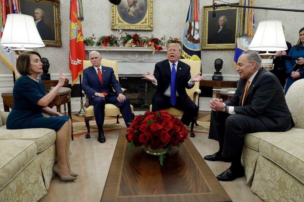 PHOTO: President Donald Trump and Vice President Mike Pence meet with Senate Minority Leader Chuck Schumer abd House Minority Leader Nancy Pelosi in the Oval Office of the White House, Dec. 11, 2018, in Washington.