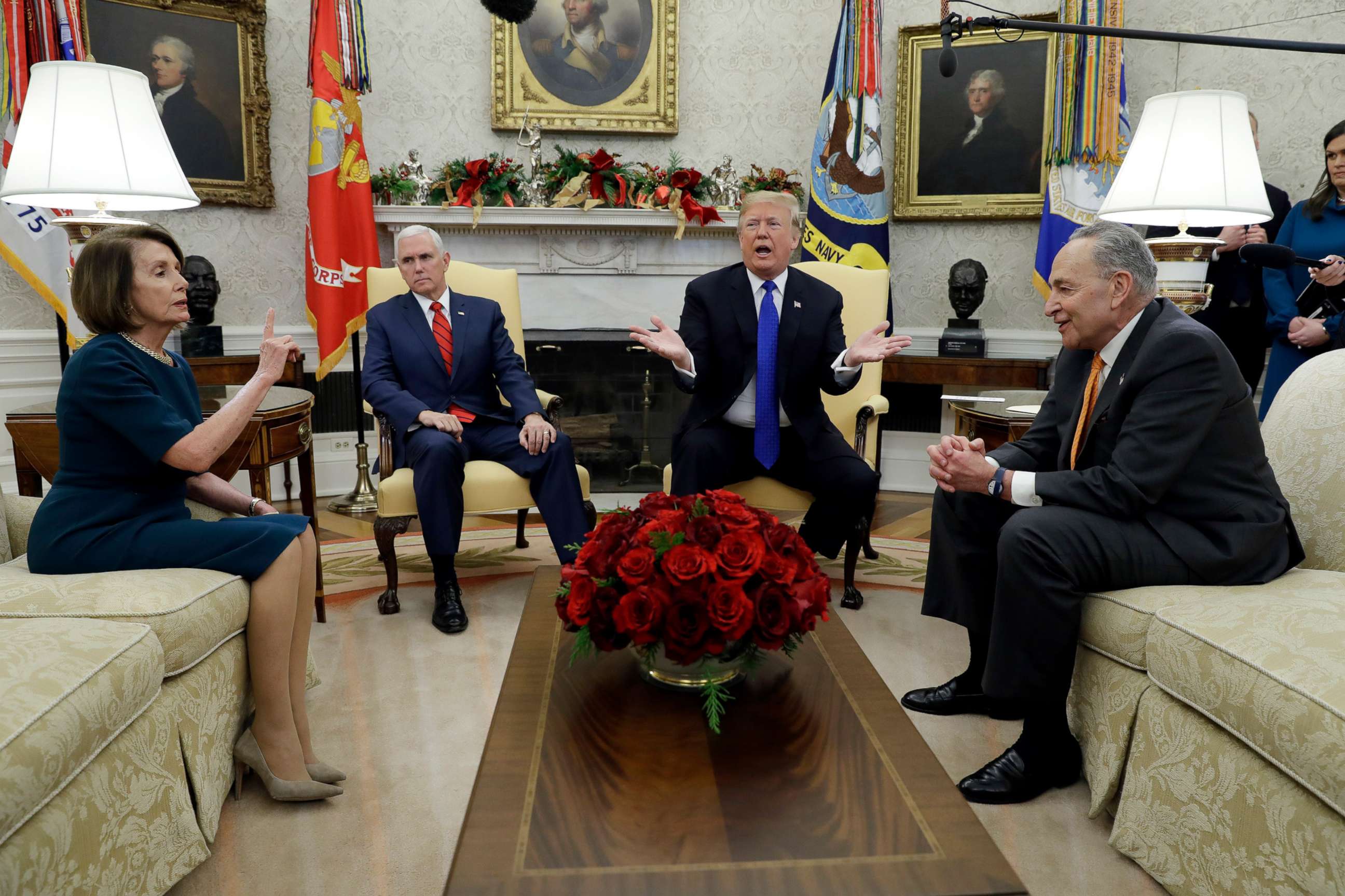 PHOTO: President Donald Trump and Vice President Mike Pence meet with Senate Minority Leader Chuck Schumer and House Minority Leader Nancy Pelosi in the Oval Office of the White House, Dec. 11, 2018, in Washington.