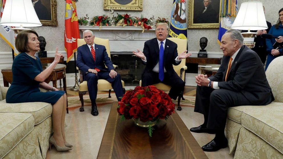 PHOTO: President Donald Trump and Vice President Mike Pence meet with Senate Minority Leader Chuck Schumer abd House Minority Leader Nancy Pelosi in the Oval Office of the White House, Dec. 11, 2018, in Washington.