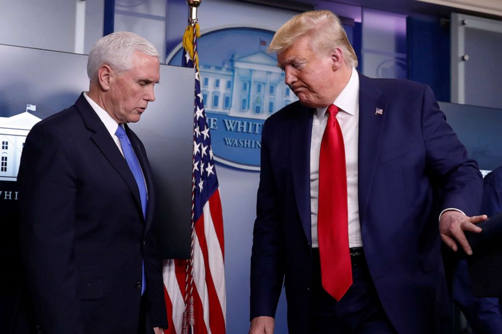 PHOTO: President Donald Trump turns from the podium to depart as Vice President Mike Pence steps up to speak about the coronavirus in the James Brady Press Briefing Room of the White House, April 6, 2020, in Washington. 