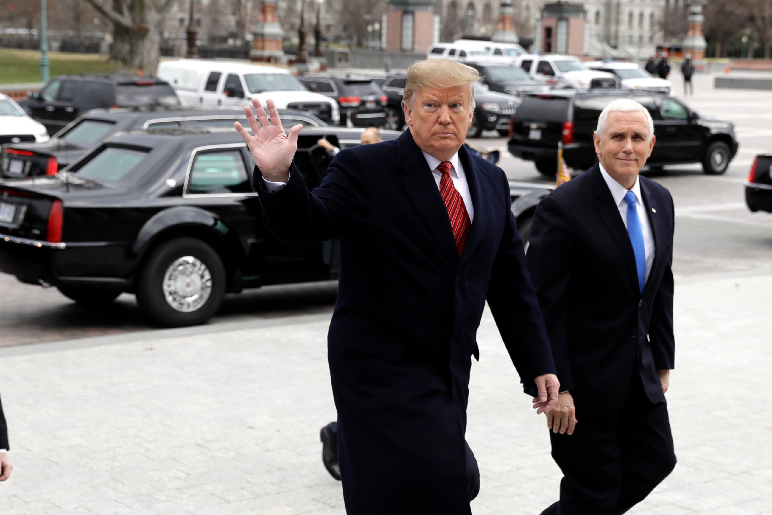 PHOTO: In this Jan. 9, 2019, photo, President Donald Trump arrives with Vice President Mike Pence to attend a Senate Republican policy lunch on Capitol Hill in Washington.