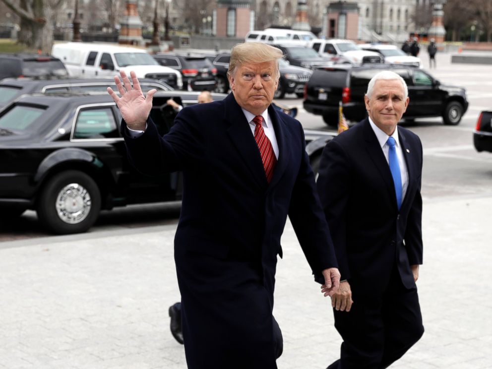 PHOTO: In this Jan. 9, 2019, photo, President Donald Trump arrives with Vice President Mike Pence to attend a Senate Republican policy lunch on Capitol Hill in Washington.