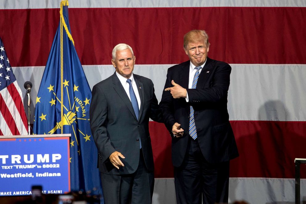 PHOTO: Republican presidential candidate Donald Trump greets Indiana Gov. Mike Pence at the Grand Park Events Center, July 12, 2016, in Westfield, Ind. 