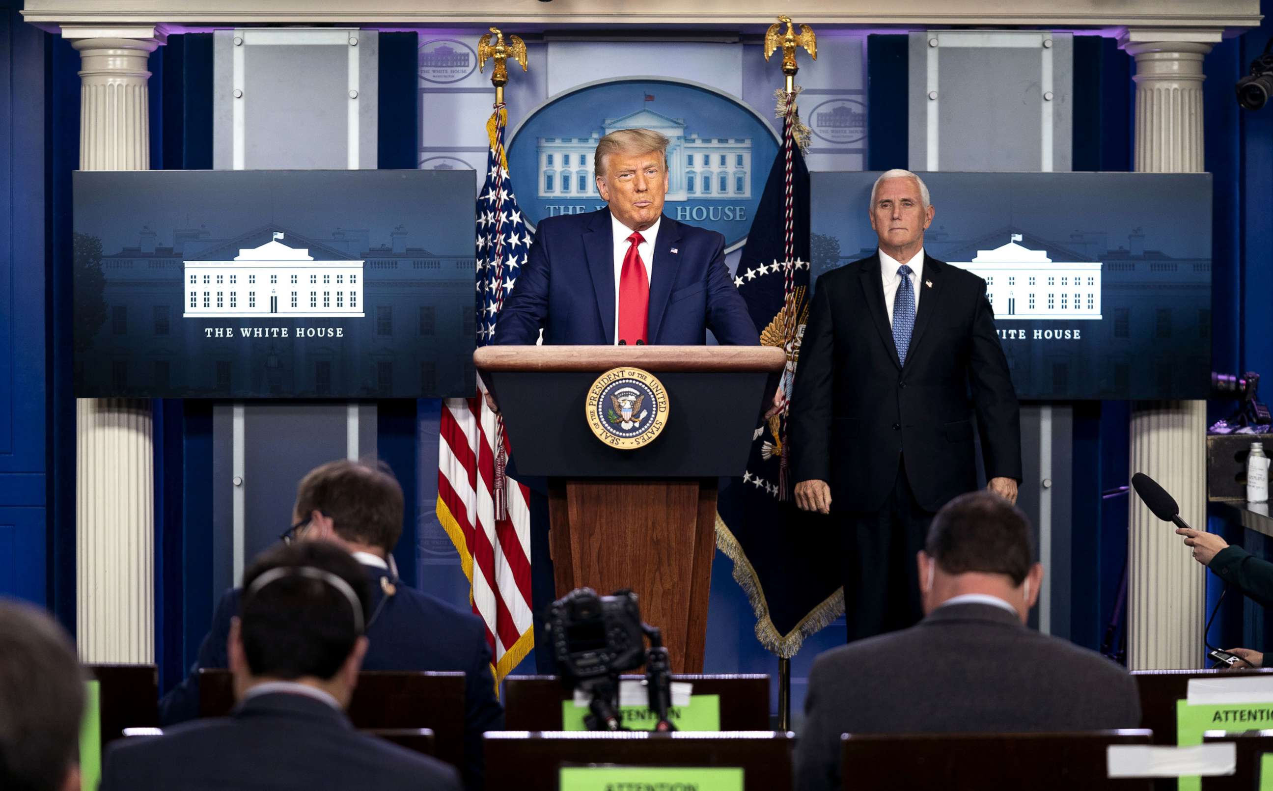 PHOTO: President Donald Trump speaks during a news conference with Vice President Mike Pence, right, in the James S. Brady Press Briefing Room at the White House, Nov. 24, 2020. 