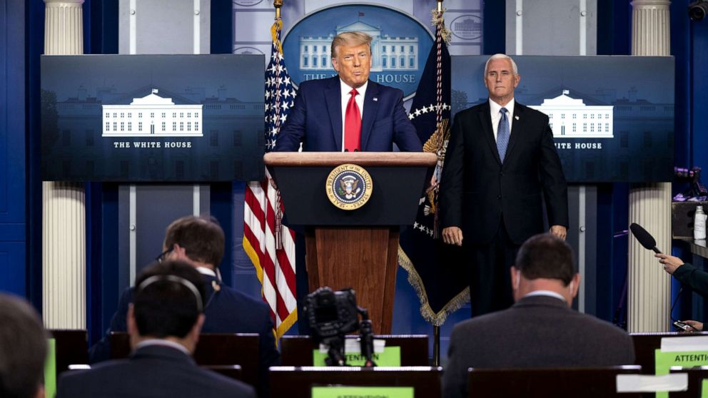 PHOTO: President Donald Trump speaks during a news conference with Vice President Mike Pence, right, in the James S. Brady Press Briefing Room at the White House, Nov. 24, 2020.