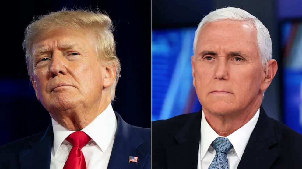 PHOTO: Former President Donald Trump speaks at the Conservative Political Action Conference (CPAC) at the Hilton Anatole on Aug. 06, 2022 in Dallas, Texas, and Mike Pence is seen at Fox News Channel Studios, Feb. 22, 2023 in New York City.