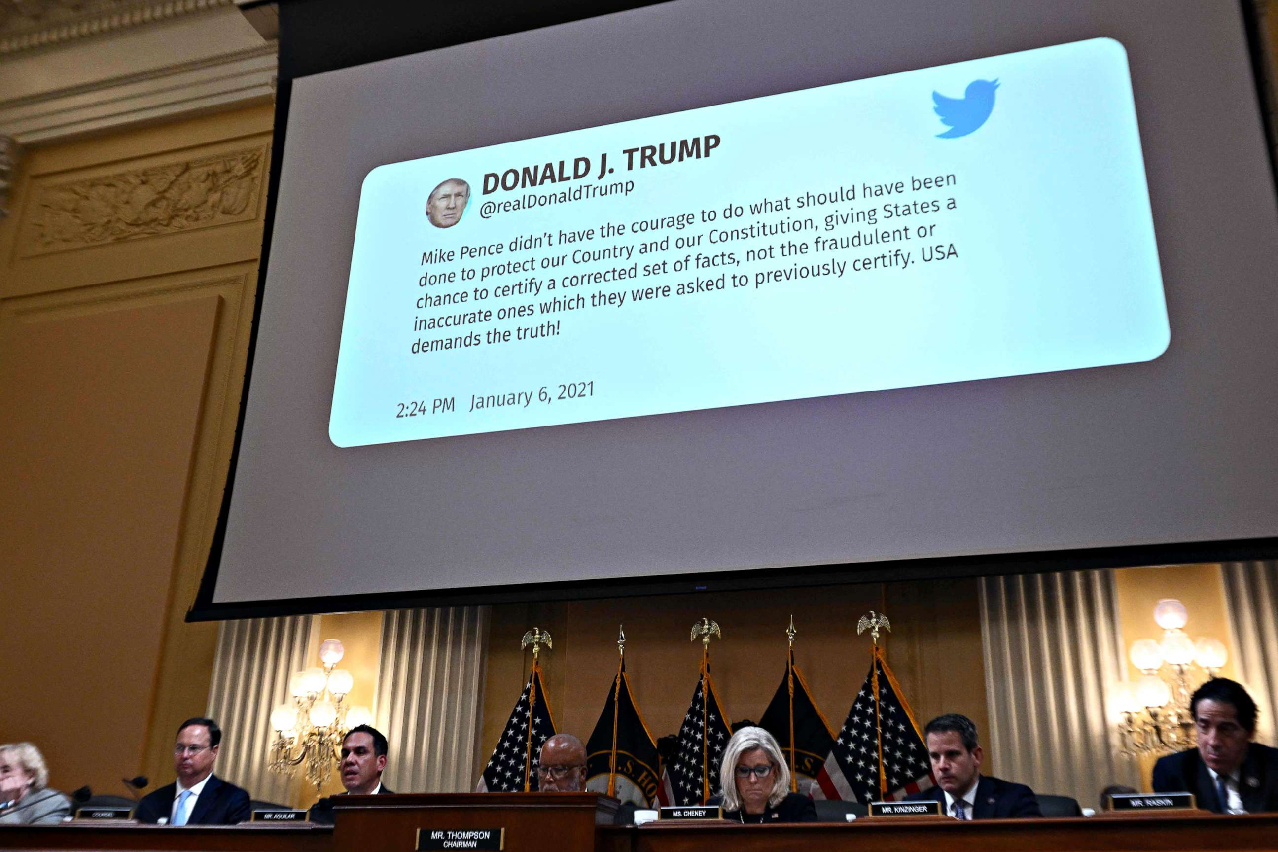 A Jan. 6, 2021 tweet from President Donald Trump regarding Vice President Mike Pence is seen on a screen during a hearing of the US House Select Committee to Investigate the January 6 Attack on the US Capitol, on Capitol Hill in Washington, June 16, 2022.