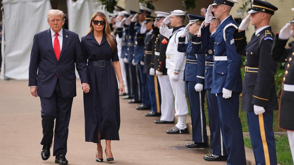 PHOTO: President Donald Trump and first lady Melania Trump arrive to a ceremony to commemorate the 24th anniversary of the 9/11 attacks, Sept. 11, 2025, at the Pentagon in Washington.