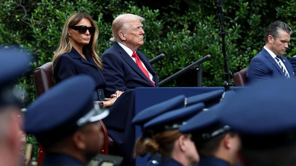 PHOTO: Donald Trump and Melania Trump attend a September 11th observance event in the courtyard of the Pentagon September 11, 2025 in Arlington, Virginia.