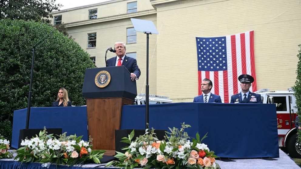 PHOTO: Donald Trump speaks during in a 9/11 observance ceremony at the National 9/11 Pentagon Memorial in Washington, DC on September 11, 2025.