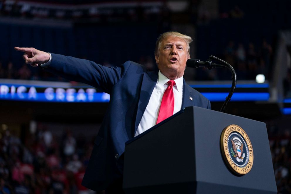 PHOTO: President Donald Trump speaks during a campaign rally at the BOK Center, Saturday, June 20, 2020, in Tulsa, Okla.