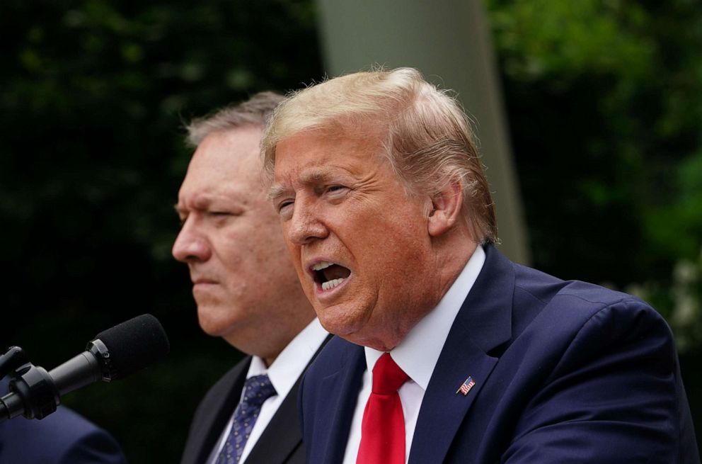 PHOTO: President Donald Trump, with Secretary of State Mike Pompeo, holds a press conference on May 29, 2020, in the Rose Garden of the White House in Washington, DC.