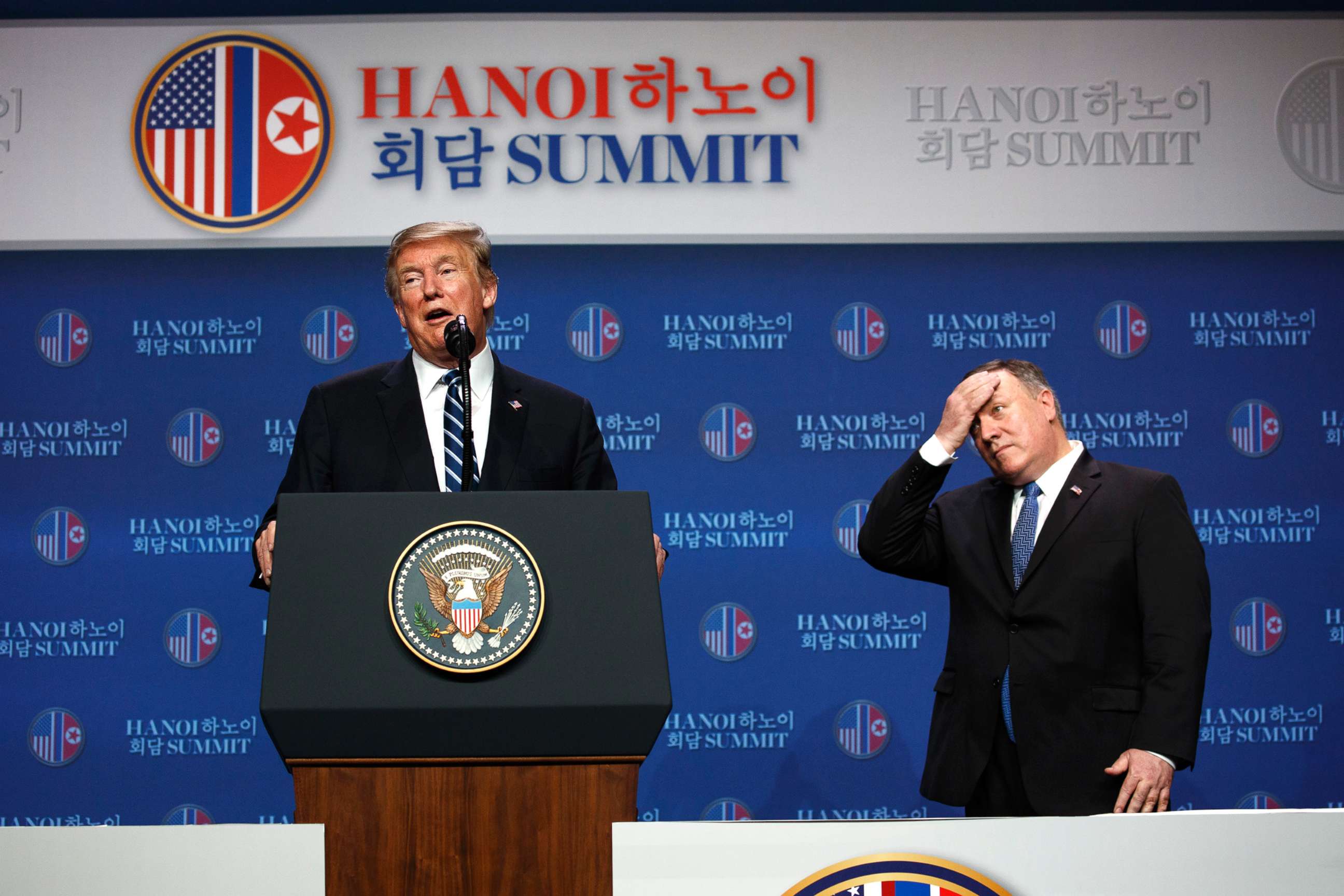 PHOTO: President Donald Trump gives a press conference with Secretary of State Mike Pompeo following the summit with North Korean leader Kim Jong Un, Feb. 28, 2019, in Hanoi, Vietnam.
