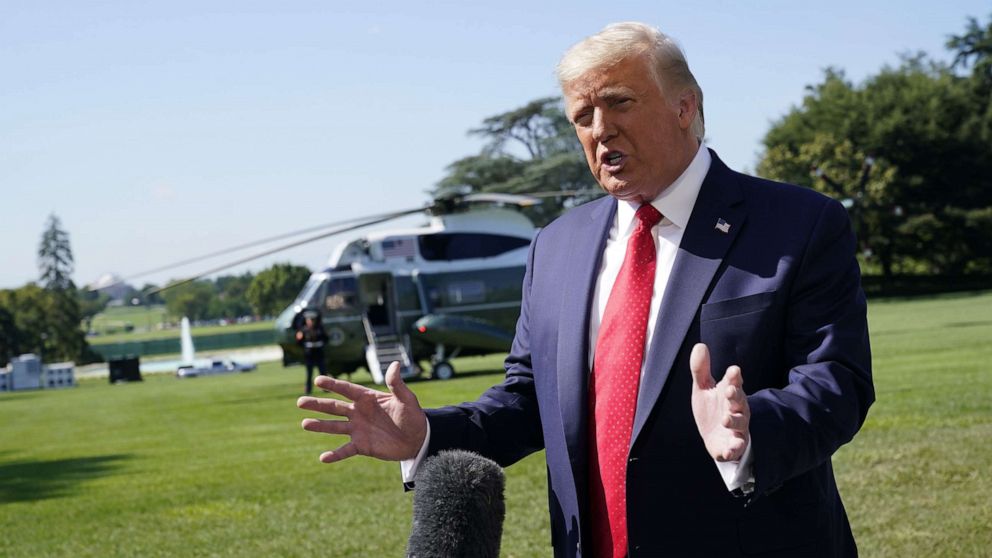 PHOTO: President Donald Trump makes remarks to the media as he departs the the White House in Washington, DC., on Aug. 17, 2020. The President talked about the post office, Belarus and mail-in ballots.