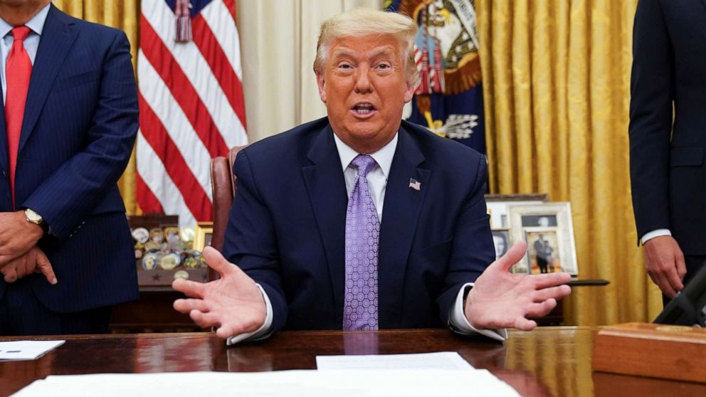 PHOTO: President Donald Trump holds a press conference in the Oval Office of the White House, Aug.13, 2020. 