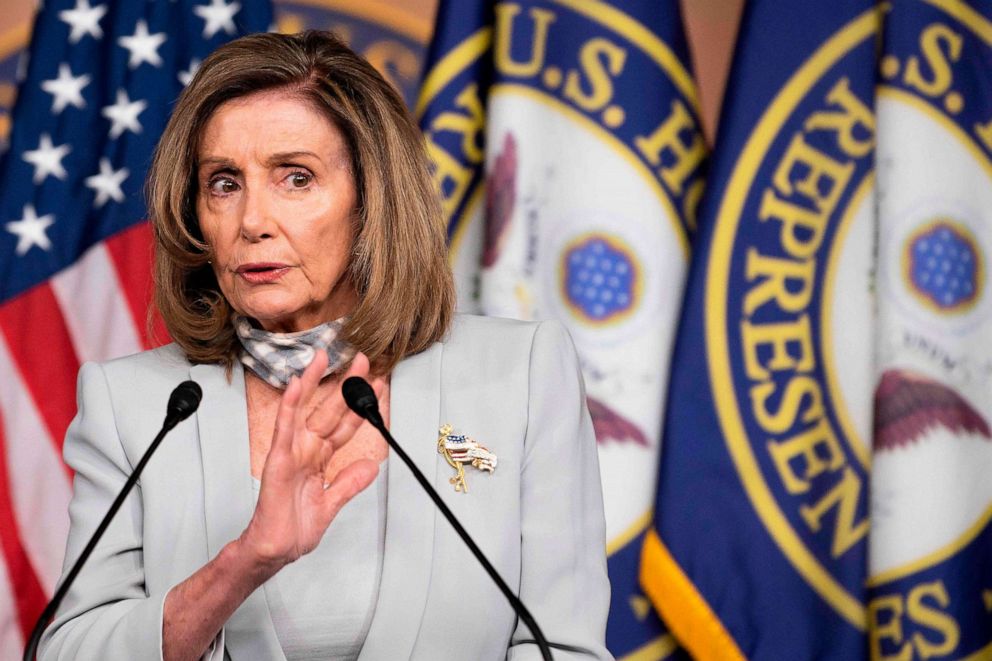 PHOTO: Speaker of the House, Nancy Pelosi holds her weekly press briefing on Capitol Hill in Washington, on Aug. 13, 2020.