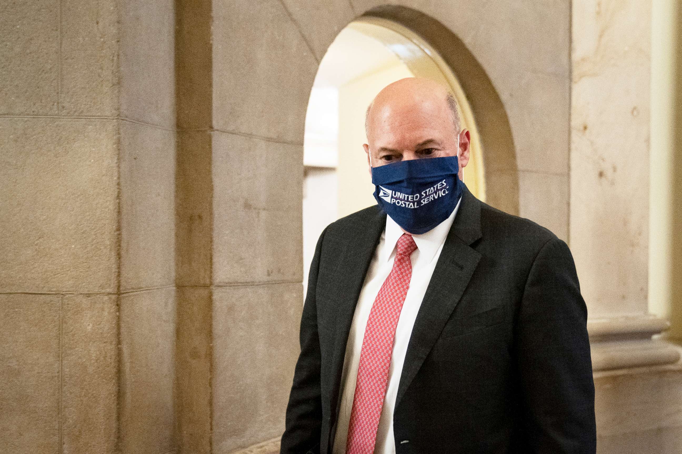 PHOTO: Postmaster General Louis DeJoy departs from a meeting with Speaker of the House Nancy Pelosi and Senate Minority Leader Chuck Schumer in the Capitol, Aug. 5, 2020. 