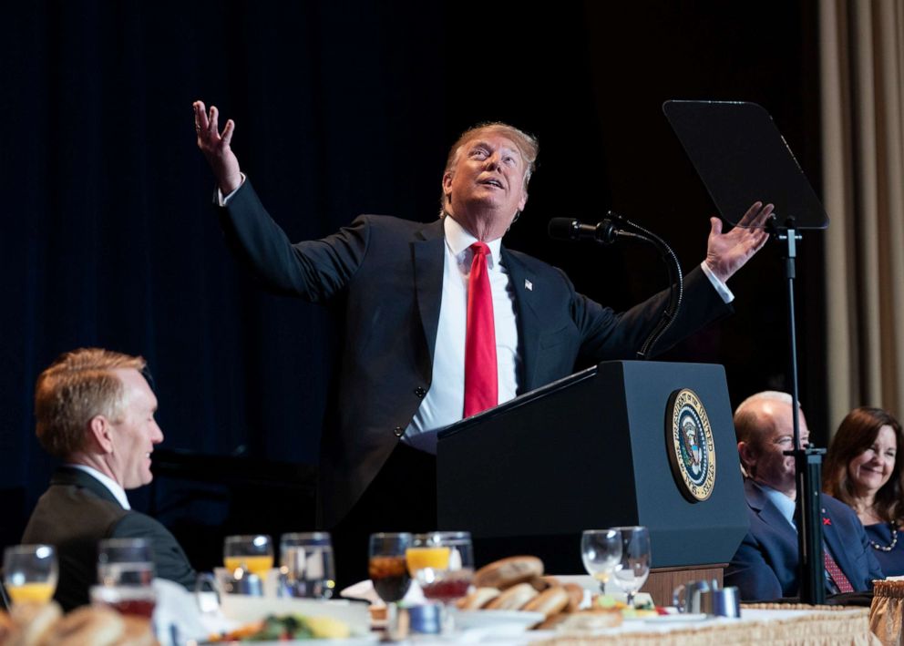 PHOTO: In this Feb. 7, 2019, file photo, President Donald Trump speaks at the 2019 National Prayer Breakfast in Washington DC.