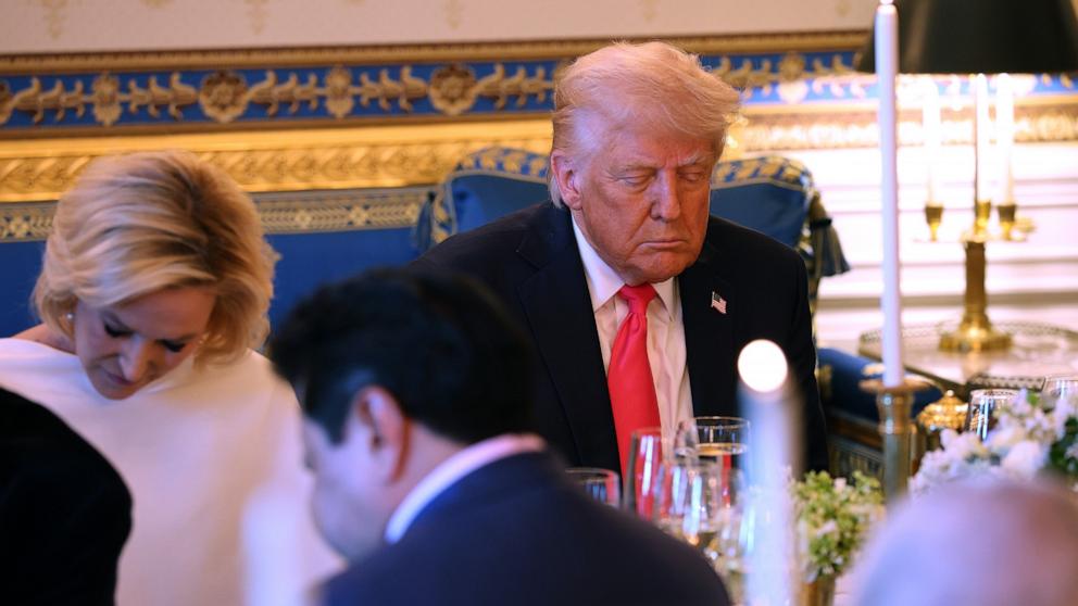 PHOTO: President Donald Trump pauses before he delivers remarks during an Easter Prayer Service and Dinner in the Blue Room of the White House, on April 16, 2025, in Washington, D.C.