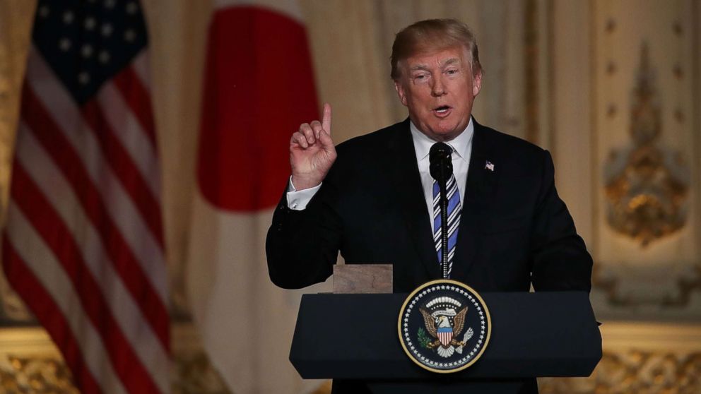 President Donald Trump speaks at a joint news conference held with Japanese Prime Minister Shinzo Abe at Mar-a-Lago resort on April 18, 2018 in West Palm Beach, Fla.