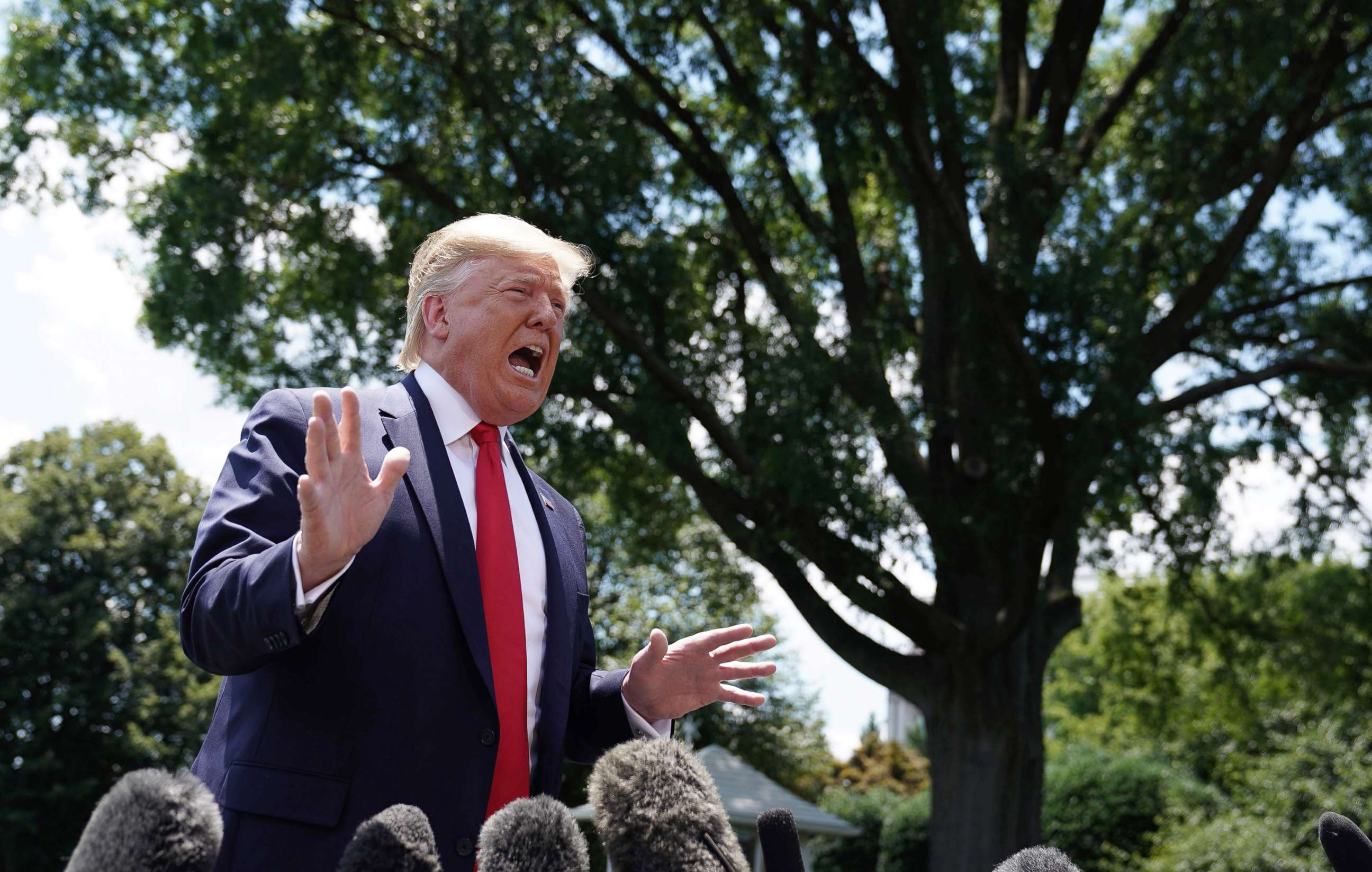 PHOTO: President Donald Trump speaks to the press as he departs the White House, June 26, 2019, on his way to Osaka, Japan, for the G20 Summit.