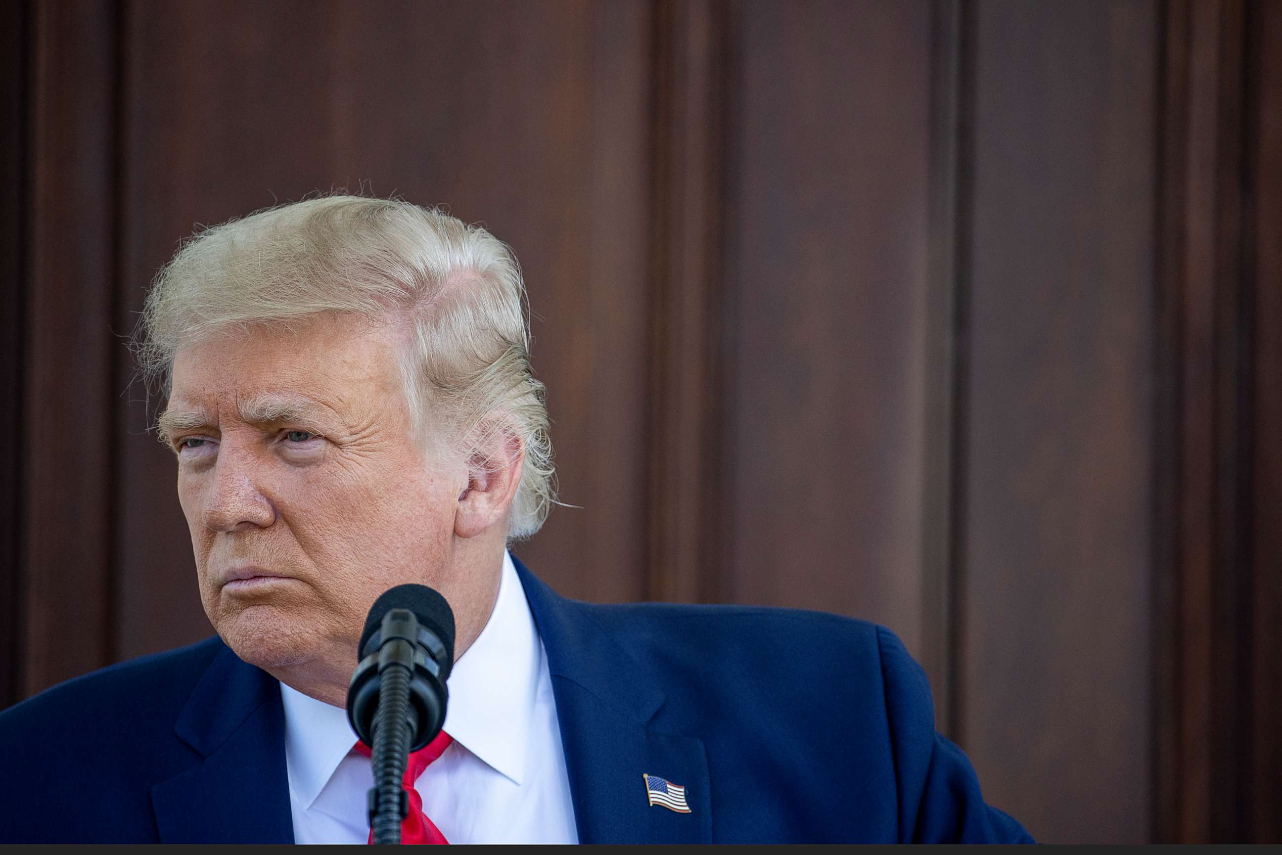 PHOTO: President Donald Trump takes questions after delivering remarks at a news conference at the North Portico at the White House on Sept. 07, 2020 in Washington.