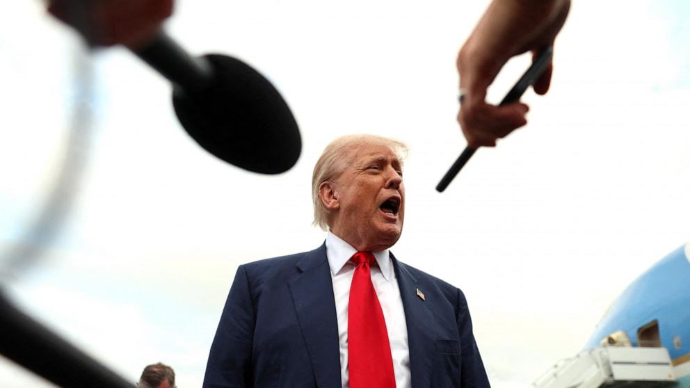 PHOTO: President Donald Trump speaks to members of the media on his arrival at Glasgow Prestwick Airport, in Prestwick, Scotland, Britain, July 25, 2025.
