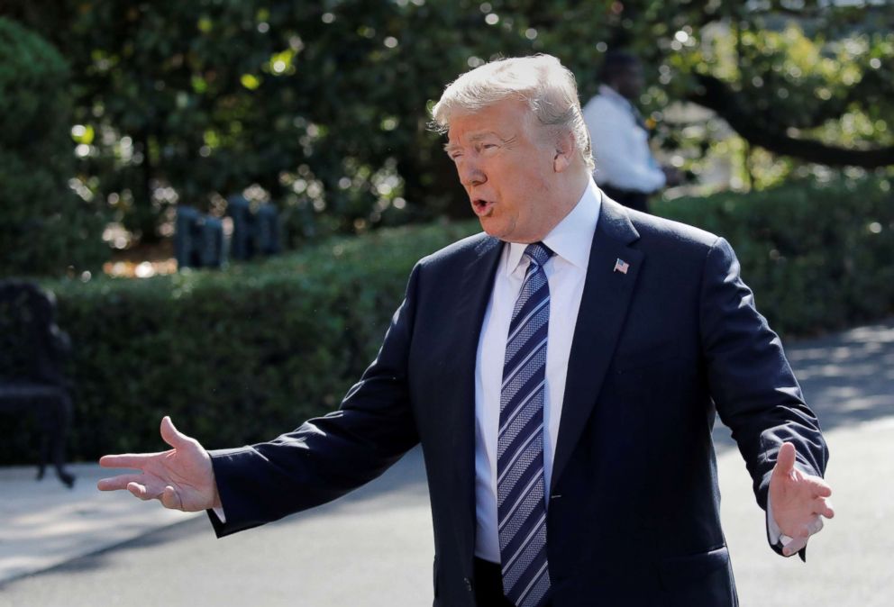 PHOTO: President Donald Trump stops to talk to members of the press outside the White House before heading to Annapolis, Maryland, May 25, 2018.