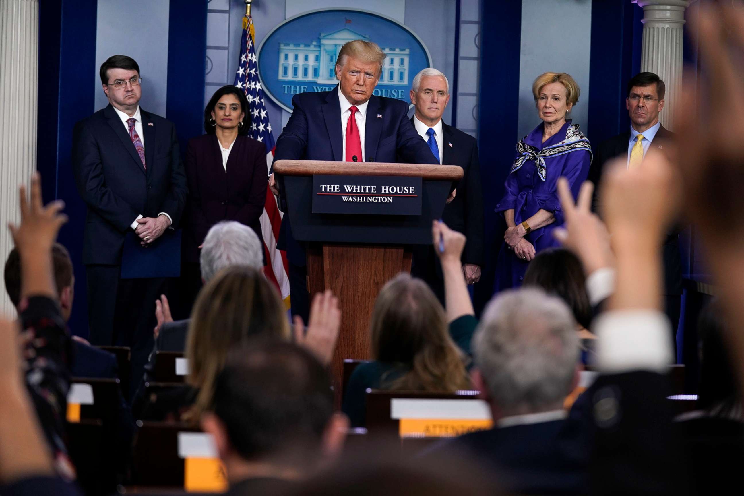 PHOTO: President Donald Trump takes questions during press briefing with the Coronavirus Task Force, at the White House, March 18, 2020.
