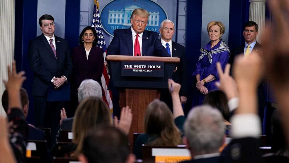 PHOTO: President Donald Trump takes questions during press briefing with the Coronavirus Task Force, at the White House, March 18, 2020.