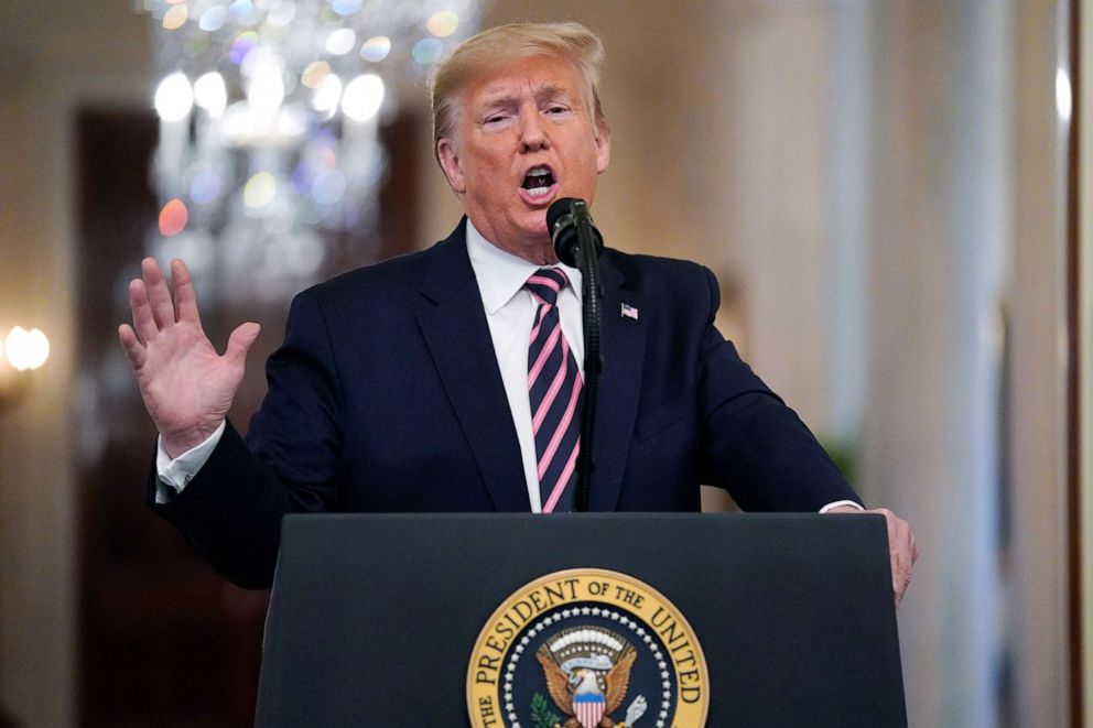 PHOTO: President Donald Trump speaks in the East Room of the White House, Feb. 6, 2020, the day after he was acquitted in the impeachment trial.