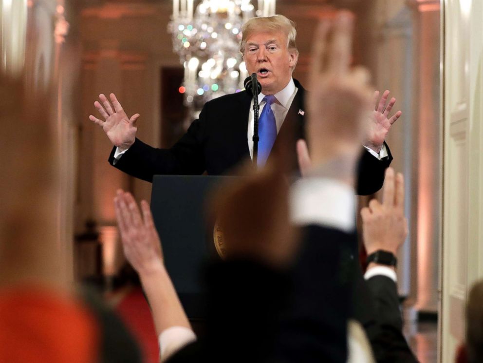 PHOTO: President Donald Trump reacts as reporters raise their hands to ask questions during a news conference in the East Room of the White House, Nov. 7, 2018, in Washington.