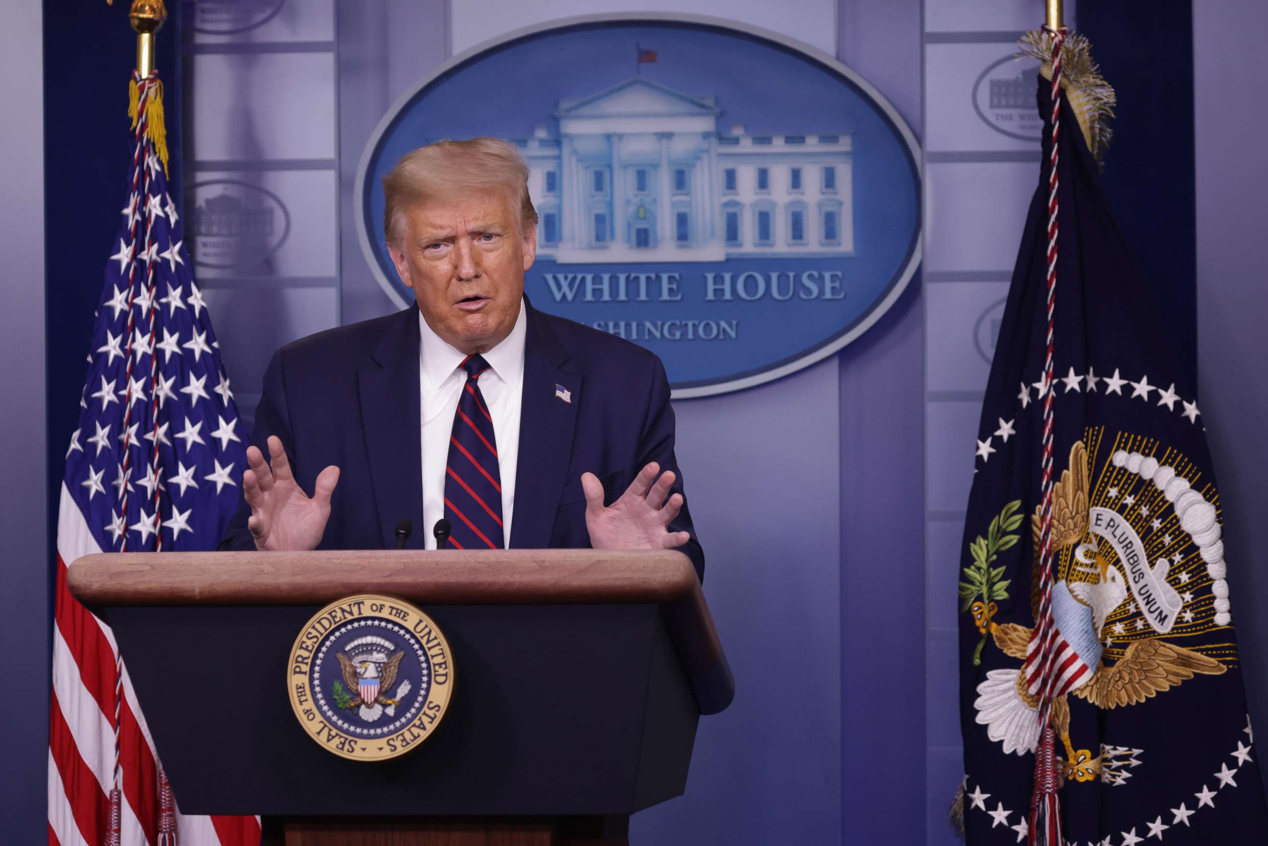 PHOTO: President Donald Trump speaks during a news conference in the James Brady Briefing Room of the White House on July 30, 2020, in Washington, D.C. 