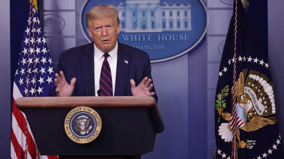 PHOTO: President Donald Trump speaks during a news conference in the James Brady Briefing Room of the White House on July 30, 2020, in Washington, D.C. 