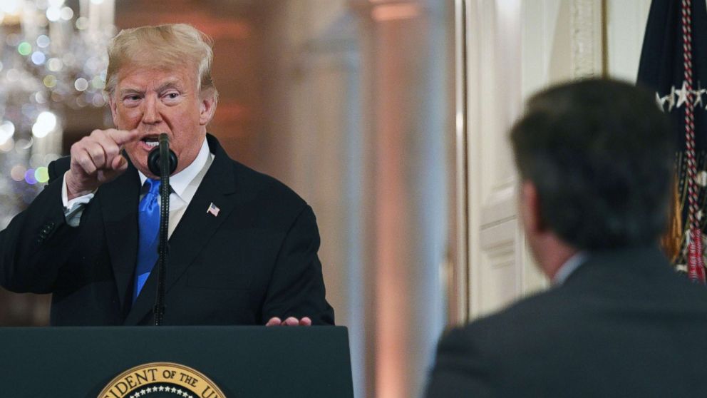 PHOTO: President Donald Trump points to a journalist during a post-election press conference in the East Room of the White House in Washington, Nov. 7, 2018.