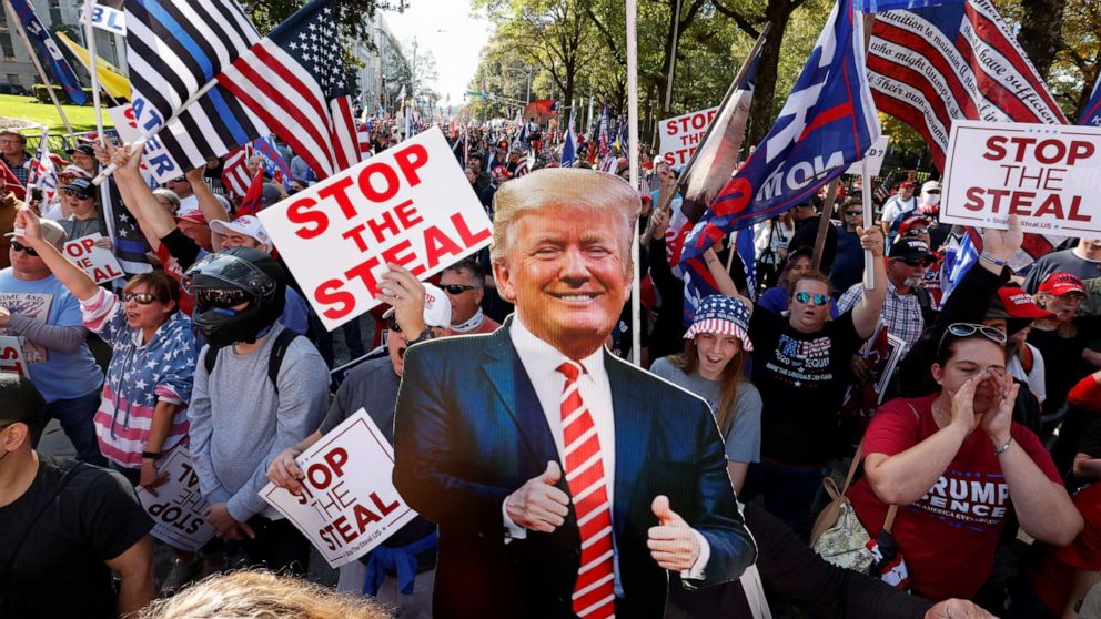 PHOTO: A cutout of U.S. President Donald Trump is pictured as supporters take part in a protest against the results of the 2020 U.S. presidential election in Atlanta, Nov. 21, 2020.