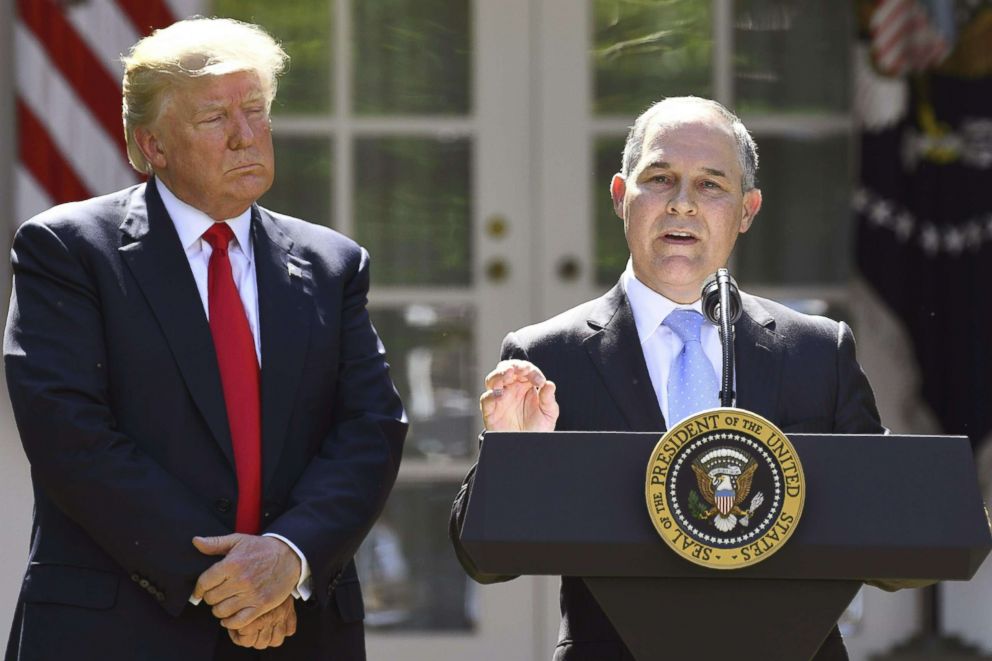 PHOTO: President Donald Trump listens while Environmental Protection Agency Administrator Scott Pruitt speaks after announcing the the withdrawal from the Paris accord in the Rose Garden of the White House, June 1, 2017.