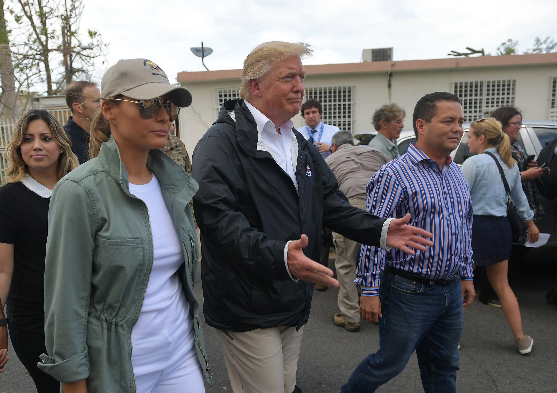 PHOTO: President Donald Trump and First Lady Melania Trump visit residents affected by Hurricane in Guaynabo, west of San Juan, Puerto Rico on Oct. 3, 2017.
