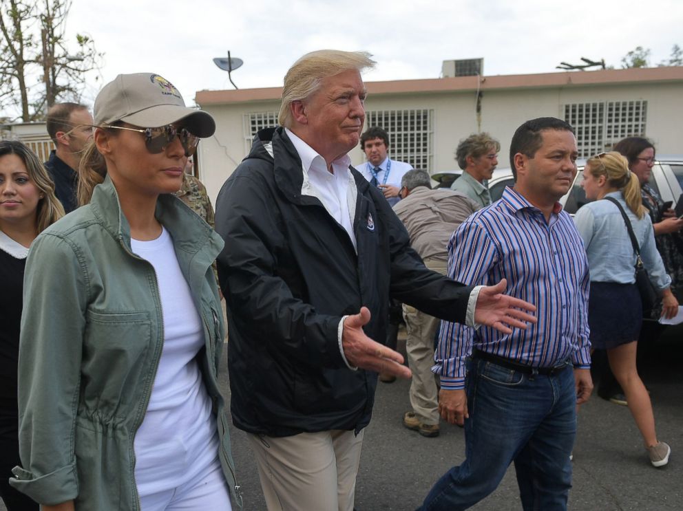 PHOTO: President Donald Trump and First Lady Melania Trump visit residents affected by Hurricane in Guaynabo, west of San Juan, Puerto Rico on Oct. 3, 2017.
