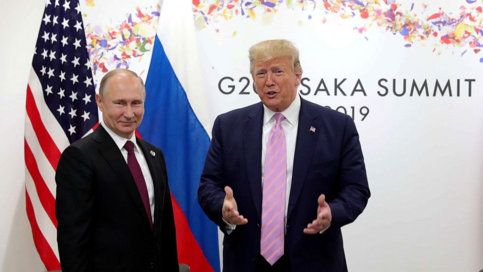 PHOTO: Russian President Vladimir Putin and President Donald Trump hold a meeting on the sidelines of the G-20 summit in Osaka, June 28, 2019.
