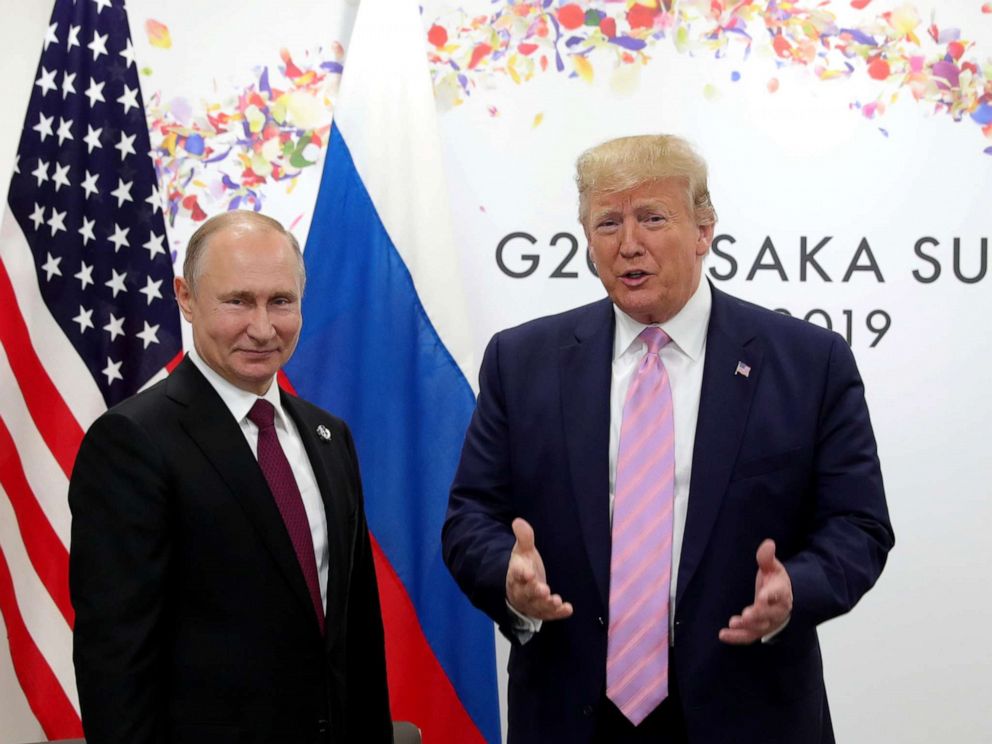 PHOTO: Russian President Vladimir Putin and President Donald Trump hold a meeting on the sidelines of the G-20 summit in Osaka, June 28, 2019.